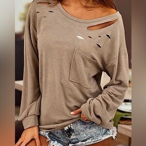 Distressed Pocketed Round Neck Long  Sleeve T-Shirt